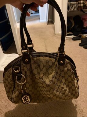 Gucci Beige Monogram Satchel with Dark Brown Trim and Gold Hardware